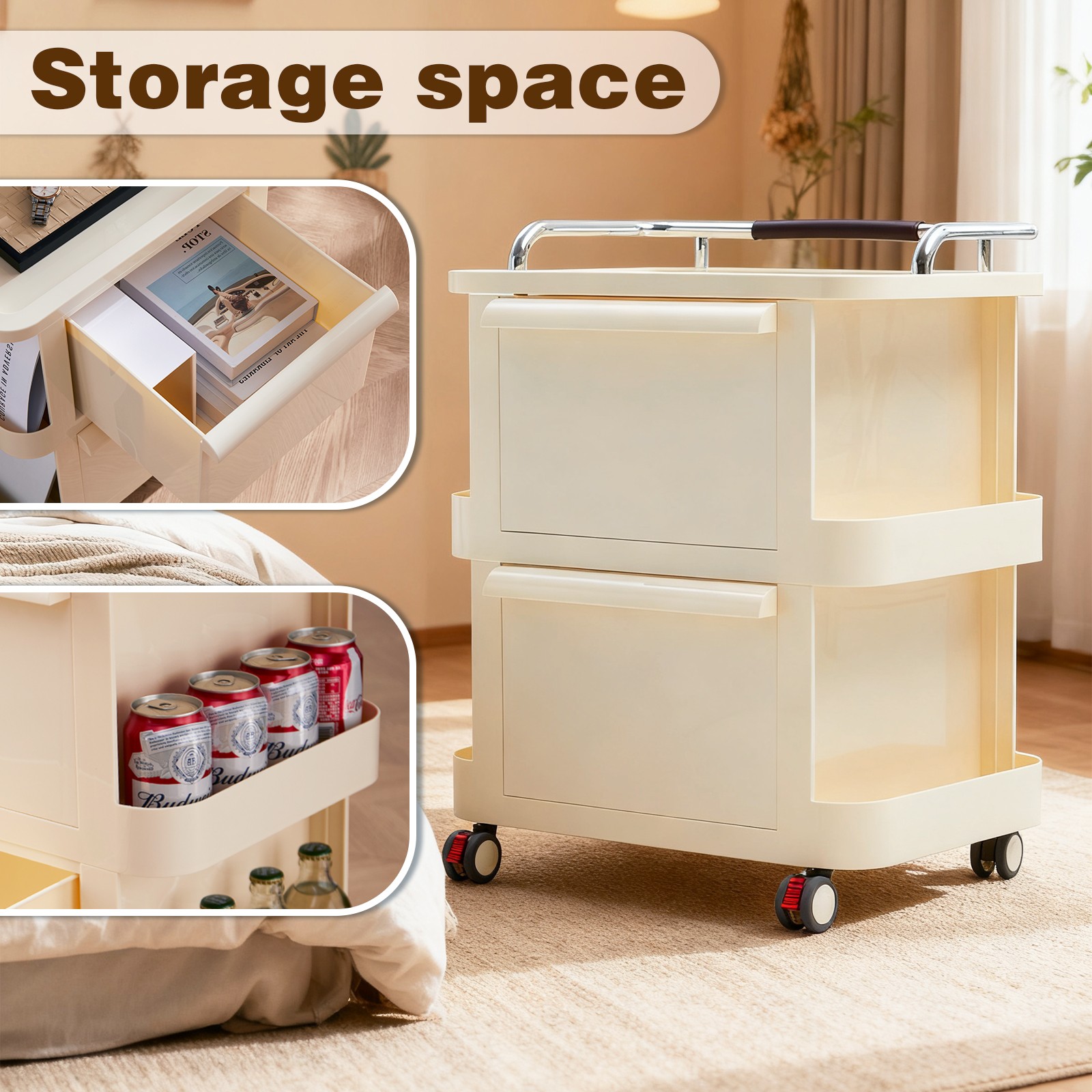 Narrow Rolling Utility Cart with Drawers 2-Tier Open Shelves, Lockable Casters