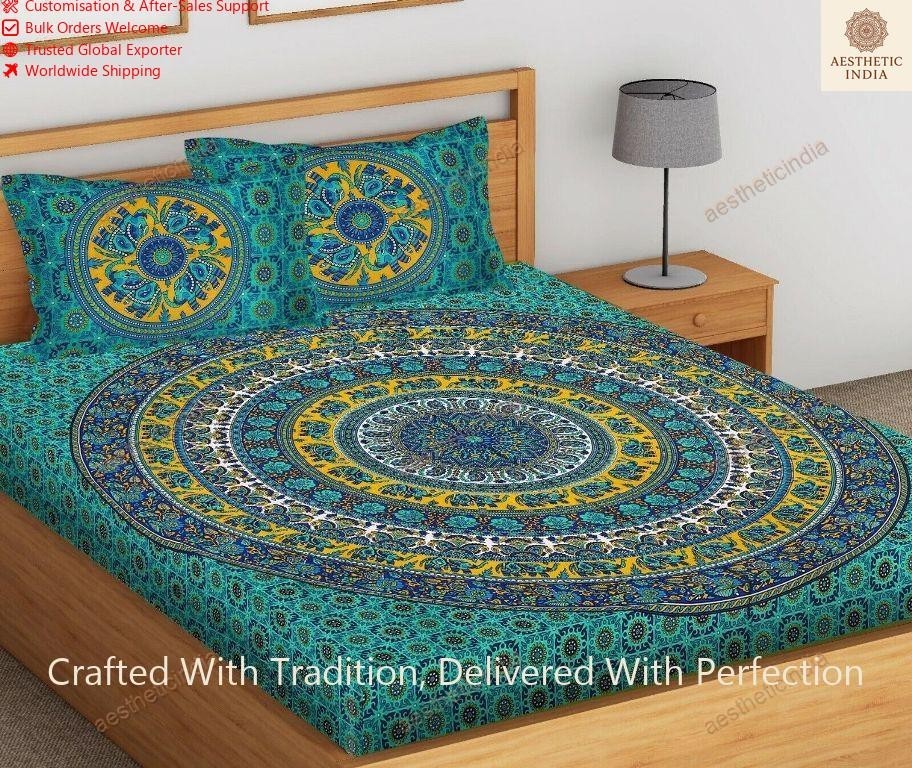 Green Color Elefanten-Mandala Doppelbettlaken Cotton Jaipuri 90x100 in'' With 2