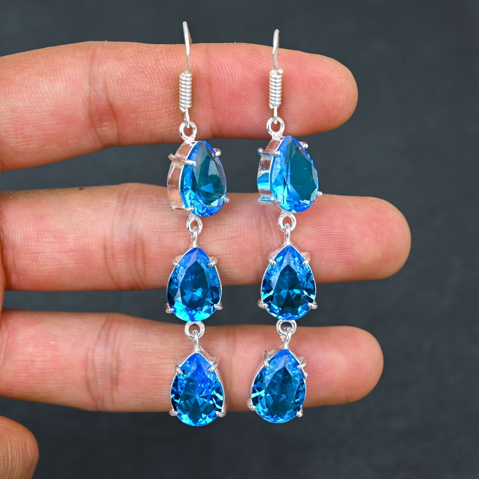 Swiss Blue Topaz Gemstone 925 Sterling Silver Handmade Jewelry Earring Gift