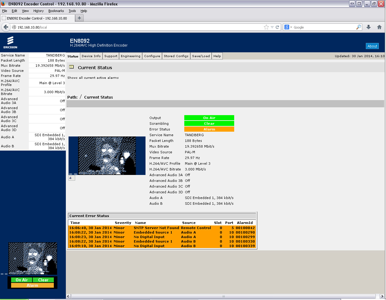 TANDBERG ERICSSON EN8092 HD SDI MPEG-4 AVC HTTP AUTHENTICATION ENCODER AC3