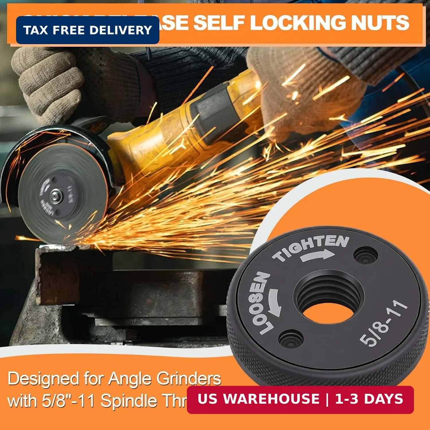 5/8-11 Quick Change Angle Grinder Nut, Self-Locking, 4 Pack | Wrench-Free Arbor