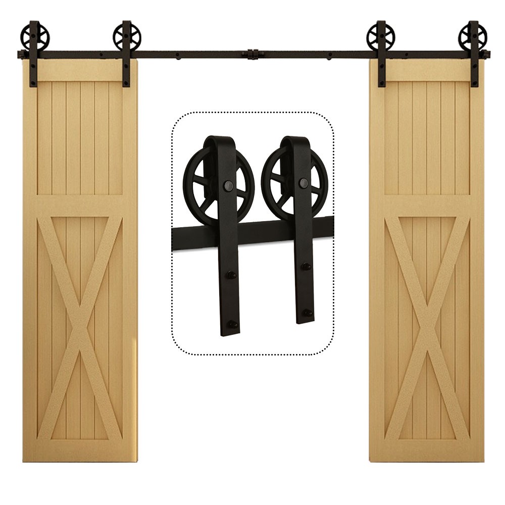 4-16FT Big Wheel Sliding Barn Door Hardware Kit for Double Door Black Track