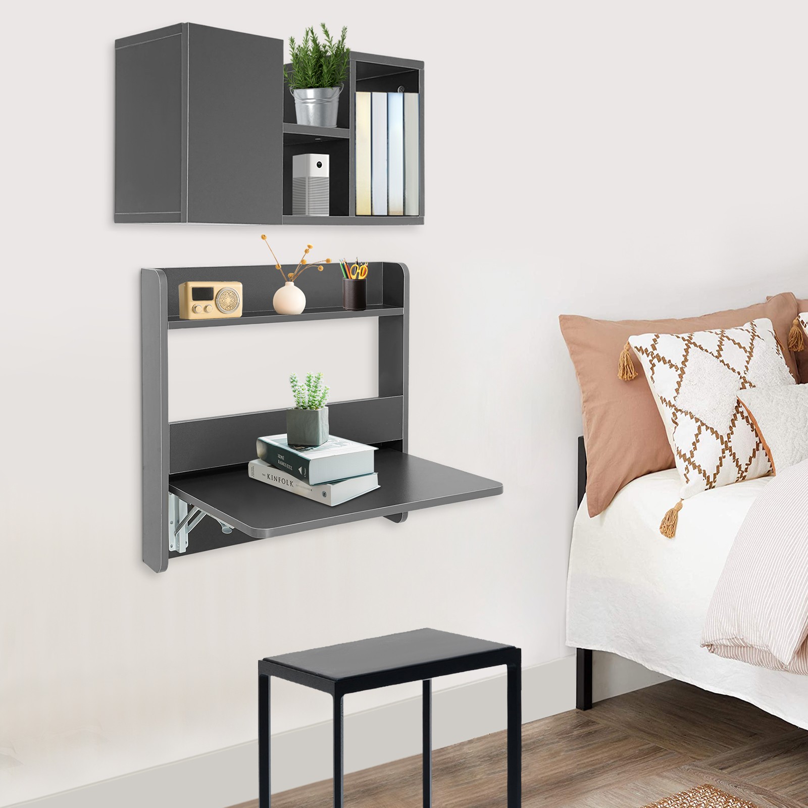Folding Space Saving Wall Mounted Bookshelf, Fold Down Laptop Desk Workstation