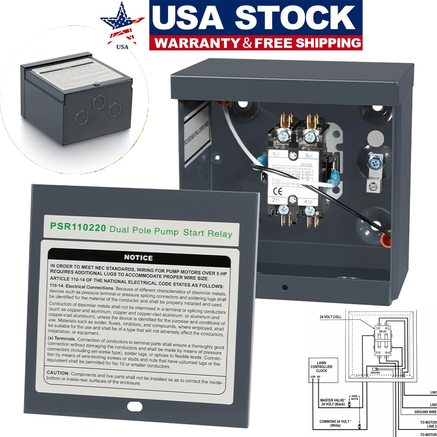 Universal PSR Pump Start 40AMP Relay 110 or 220V Replace for Rainbird PSR110220