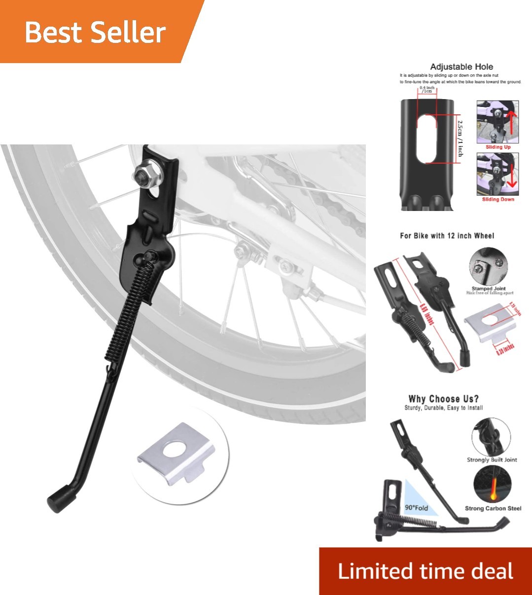 Robust Carbon Steel Kickstand for Kids Bike - Fits 12-Inch Wheels Perfectly