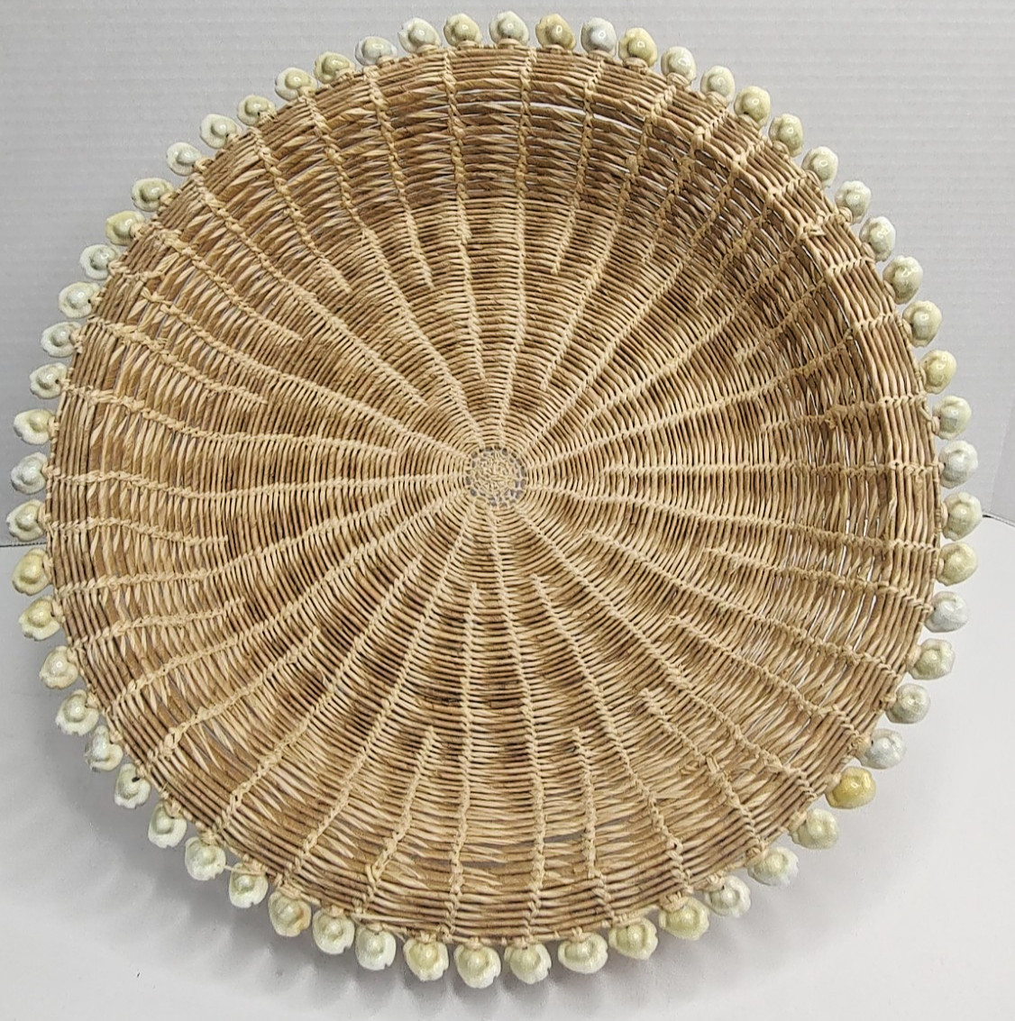 Woven 14"R/12"Inside Straw w/Cowrie Shells Accent Boho Beach Basket