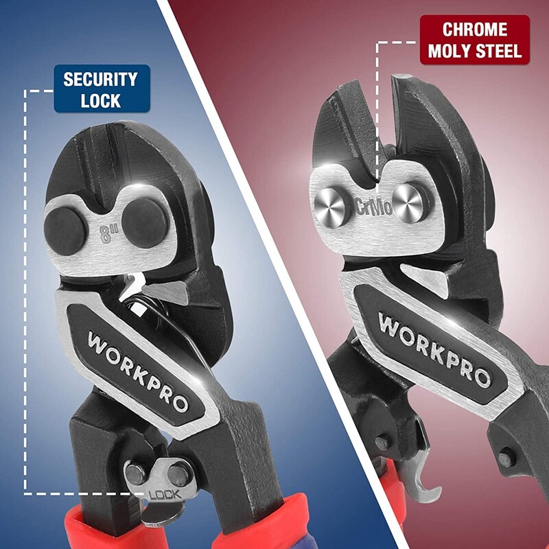 WORKPRO 8 inch Mini Bolt Cutter with Bi-Material Ergonomic Handle Security Lock