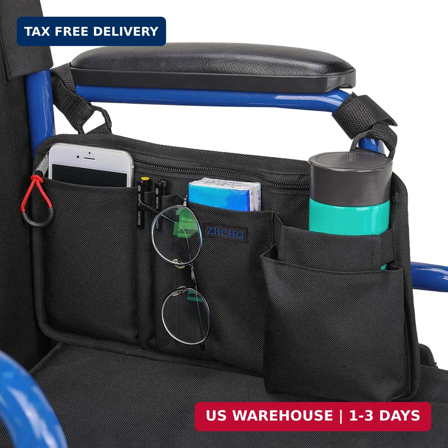 Wheelchair Side Bag with Cup Holder, Wheelchair Armrest Pouch Accessories