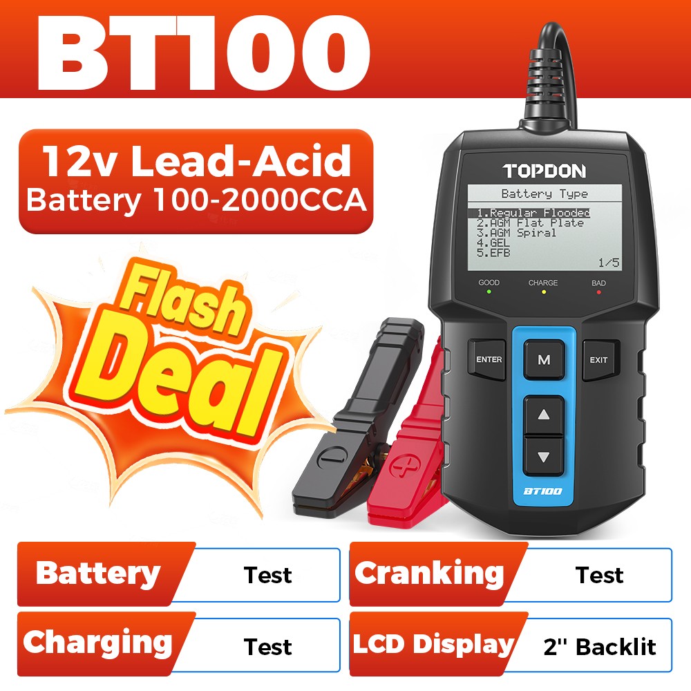 TOPDON BT100 12V Automotive Battery Load Tester Alternator Analyzer 100-2000 CCA