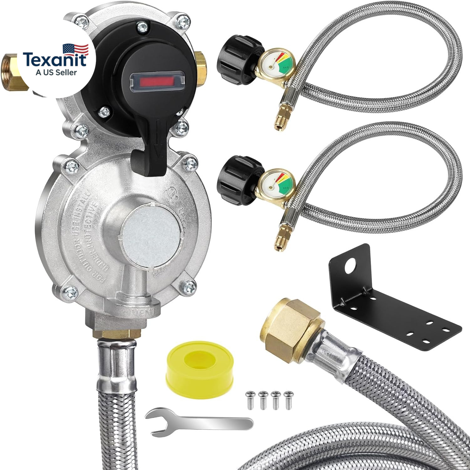 2-Stage Automatic Changeover LP Propane Gas Regulator with 2 Pack 18Inchs RV Pig