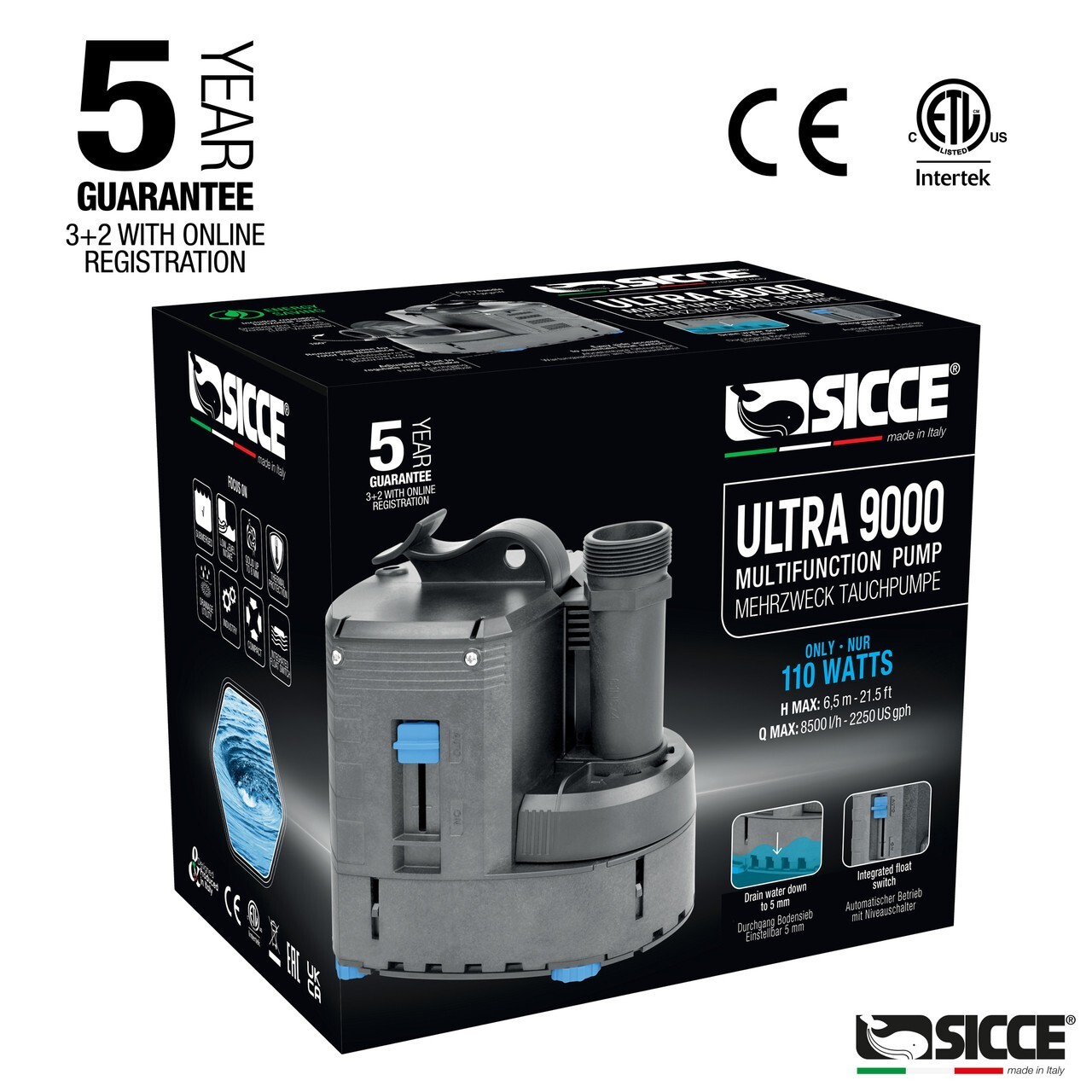 SICCE ULTRA 9000 MULTIFUNCTION WATER PUMP  2250 GPH Submersible  w/Float Switch