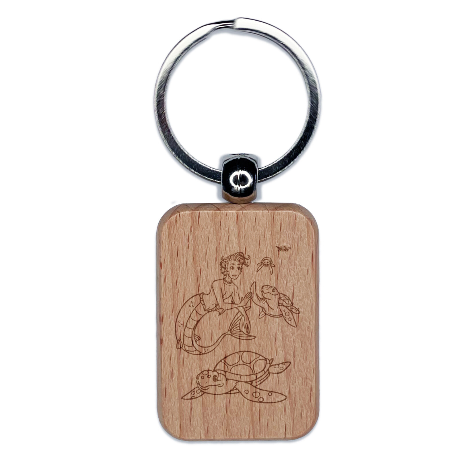 Mermaid Boy Giving High Fives to Sea Turtles Engraved Wood Rectangle Keychain