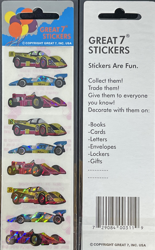 12 packages of Prismatic Racing Car stickers, "Great 7" Sticker Design, PPZ6126