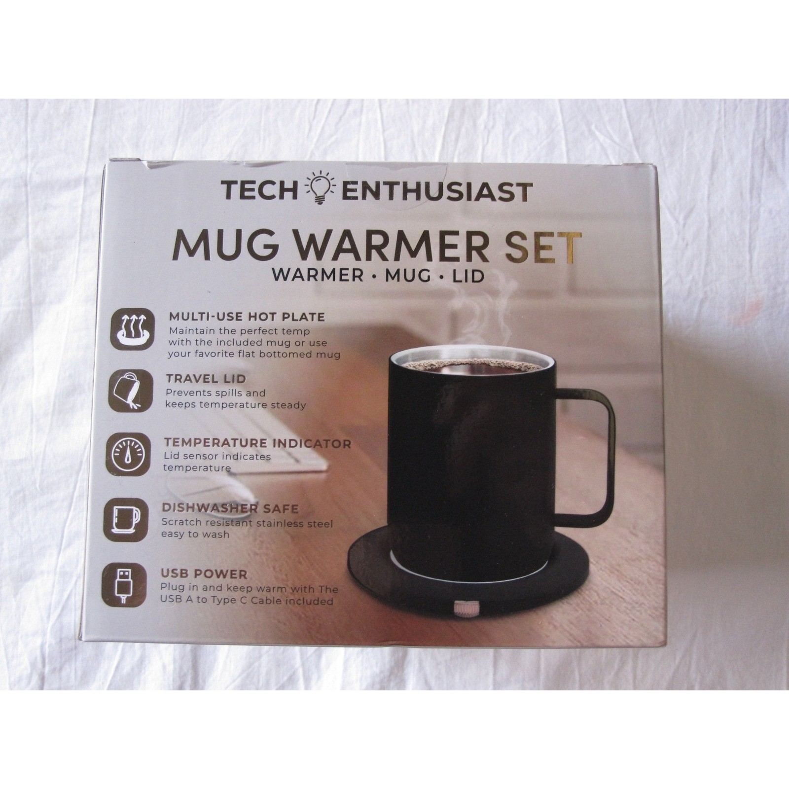 NEW Tech Enthusiast Mug Warmer Set USB Powered Coffee Hot Cocoa Stainless Steel!