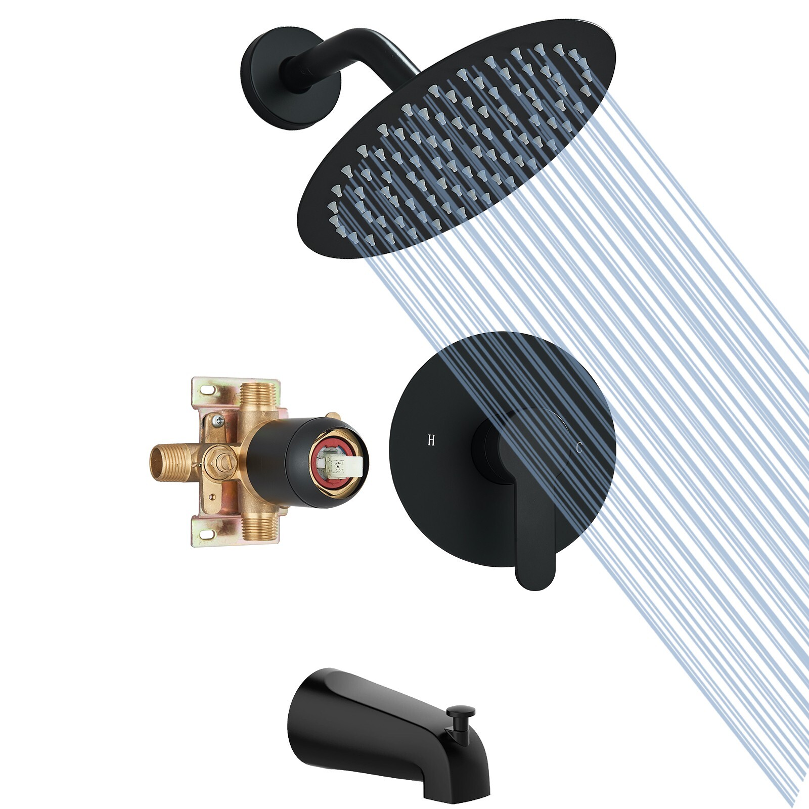 Tub Shower Faucet Set with Valve Black 8in Round Rain Shower Head and Tub Spout