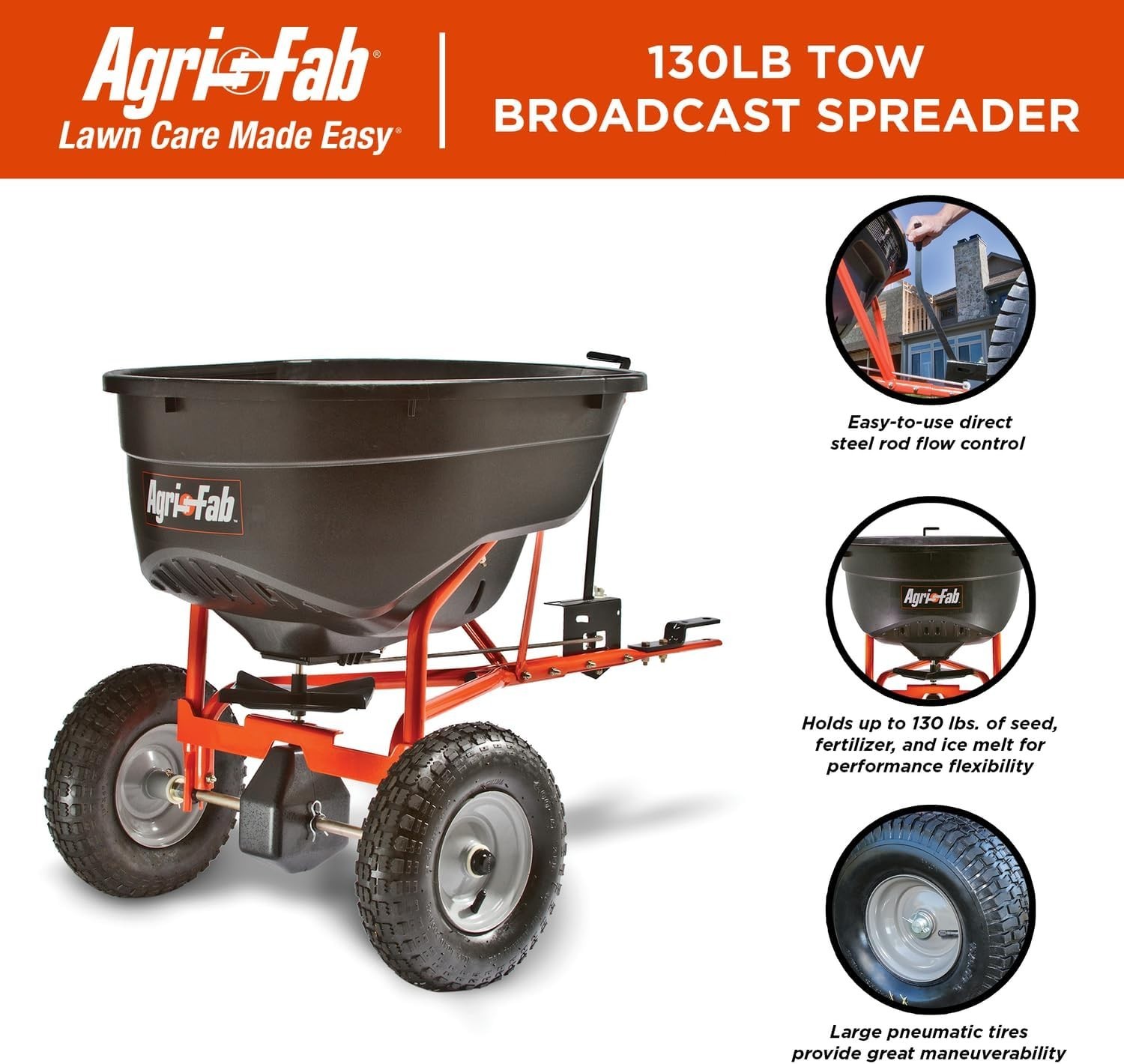 45-0463 Pull Behind Broadcast Spreader,130 lb. Hopper Capacity Designed for Seed