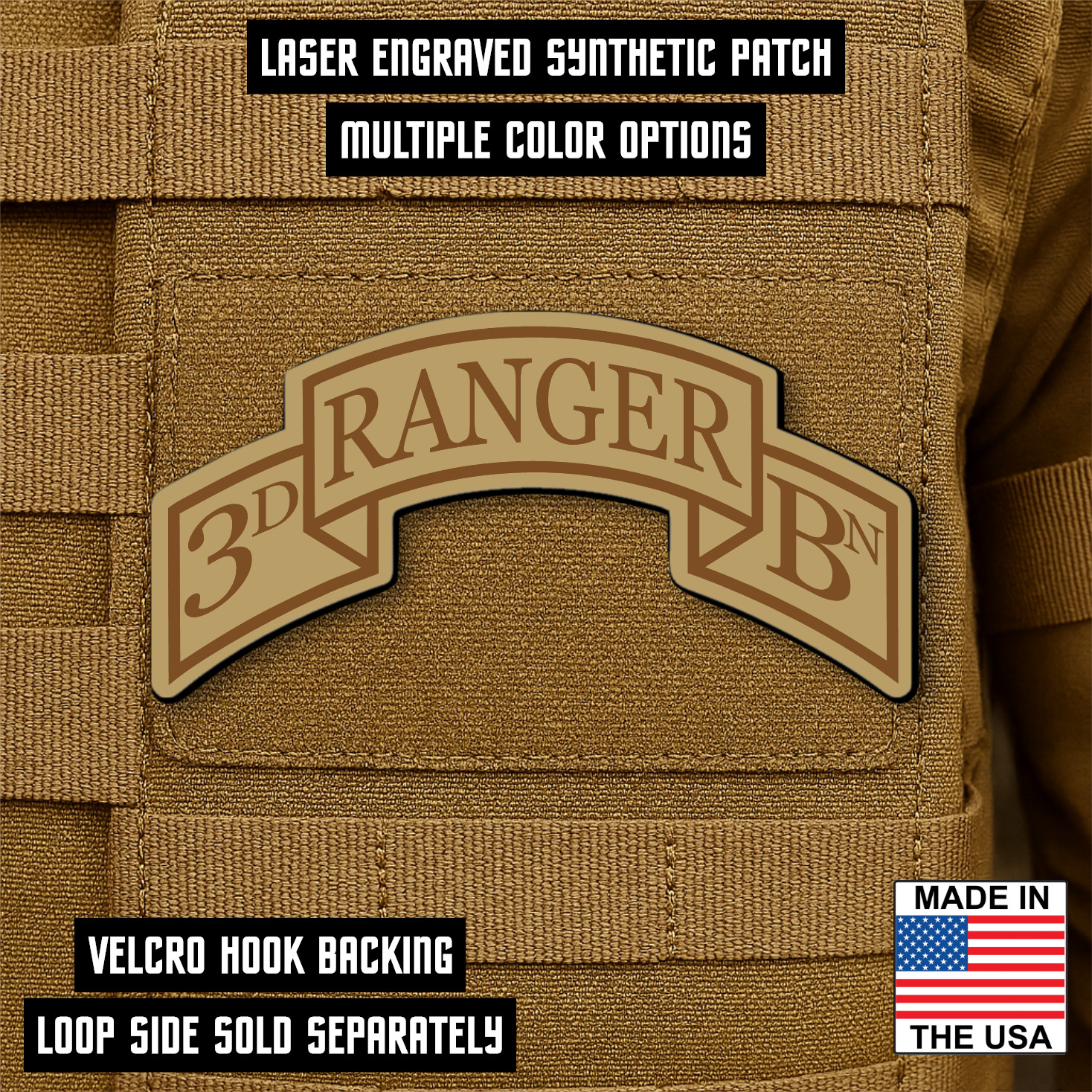 3rd Ranger, 75th Regiment Scroll Engraved Tactical Patch, 3.9" x 2" Hook & Loop