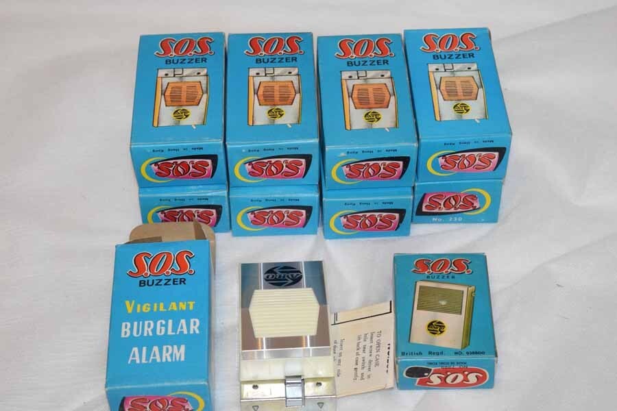 9 Vintage S.O.S. Buzzer Vigilant Burglar Alarm #230 Working NEW IN BOX Hong Kong