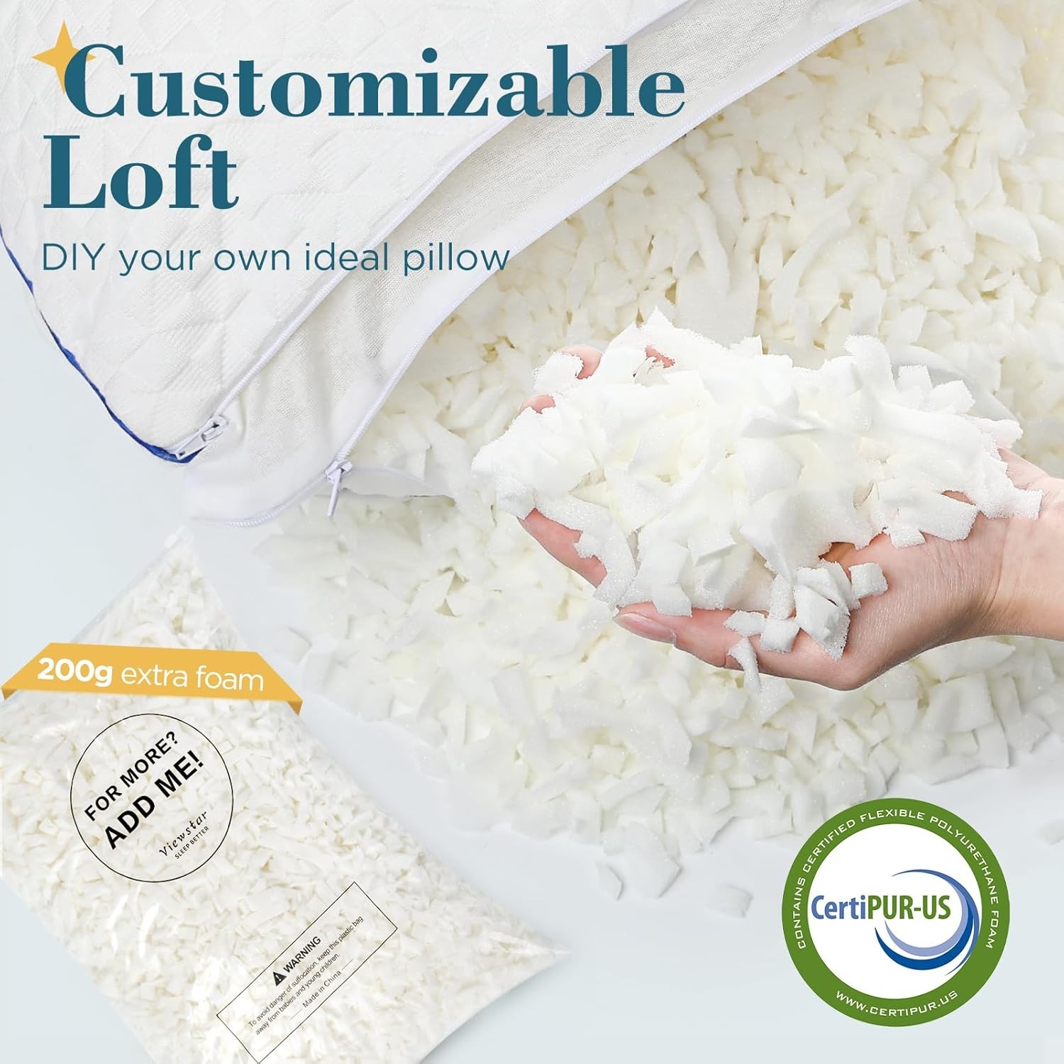 Shredded Memory Foam Pillows Queen Size Set of 2, Adjustable