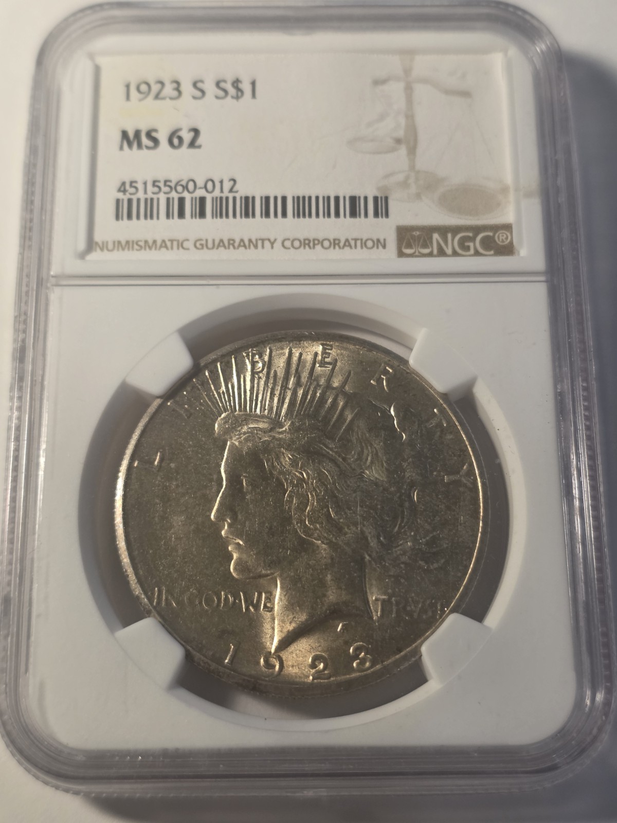 1923-S $1 Silver Peace Dollar NGC MS 62 Nice Luster