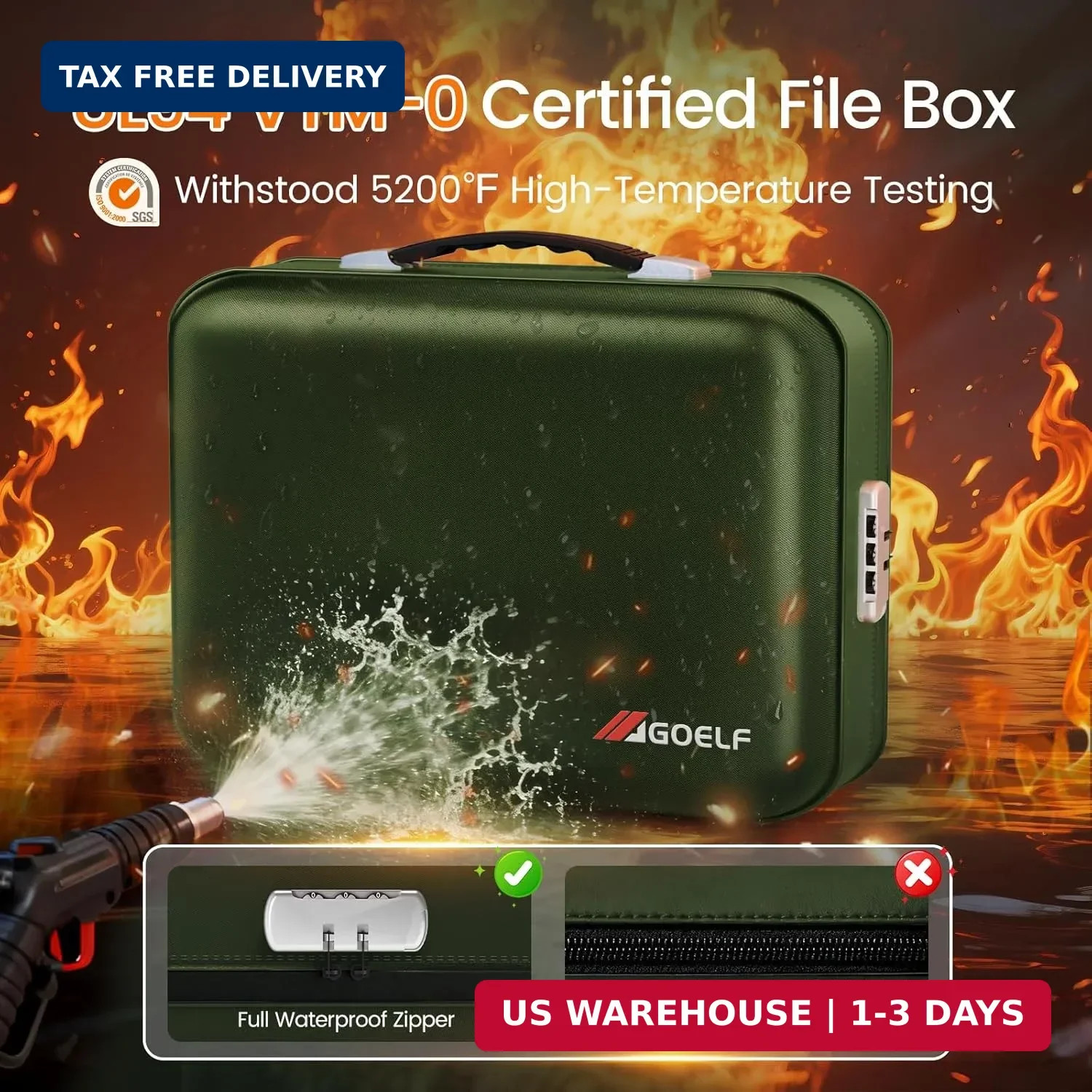 Fireproof Document Box with Lock, 5200°F Fireproof Water Resistant Hard Case Fil