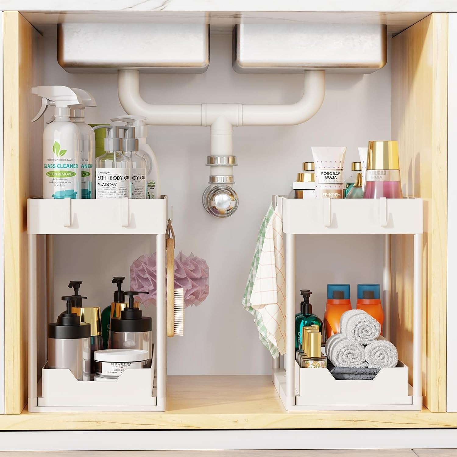 2pack Under Sink Organizer with Sliding Drawer, White | 2-Tier Multi-Use