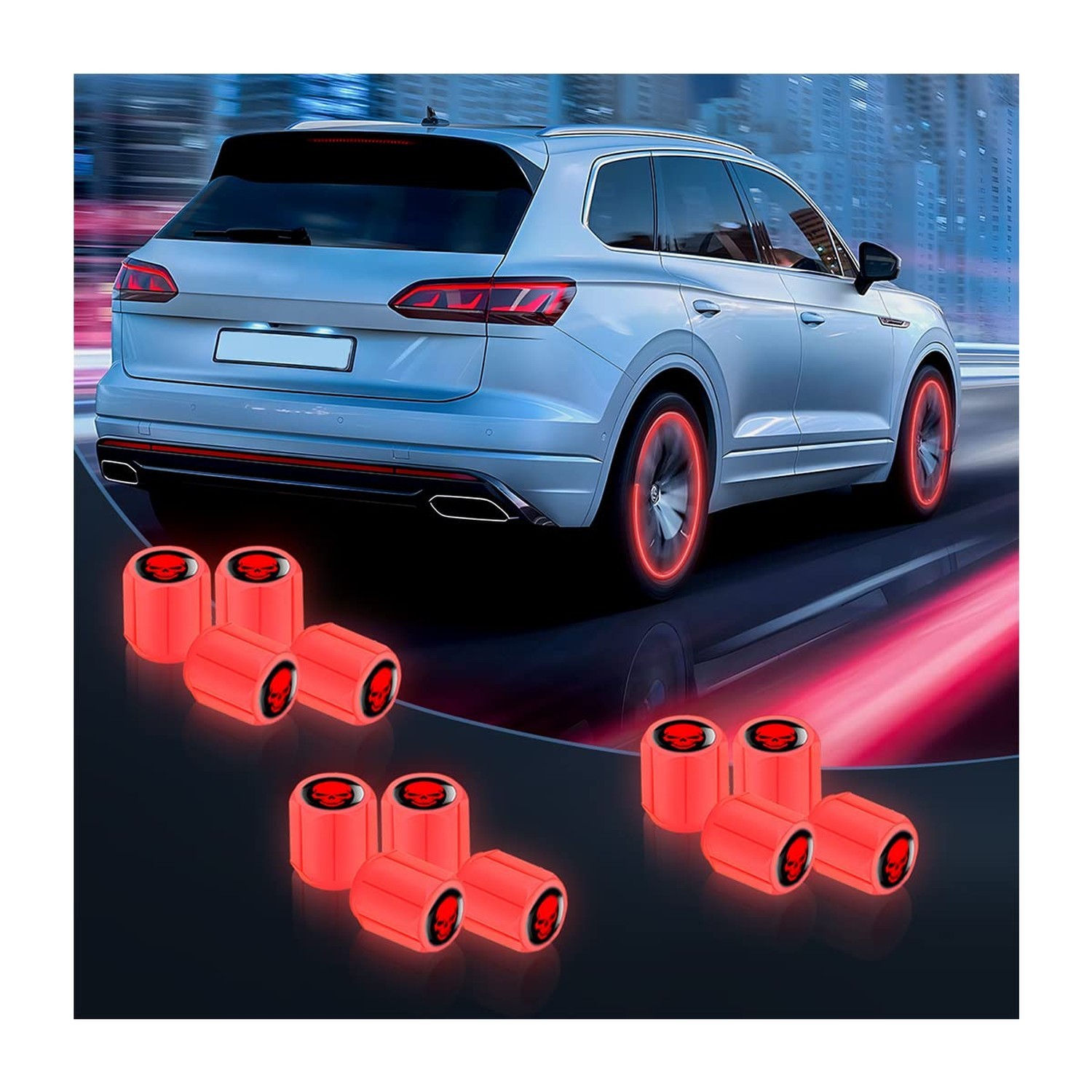 Luminous Auto Tire Valve Stem Caps, 12PCS Skull Illuminated Wheel Valve Stem ...