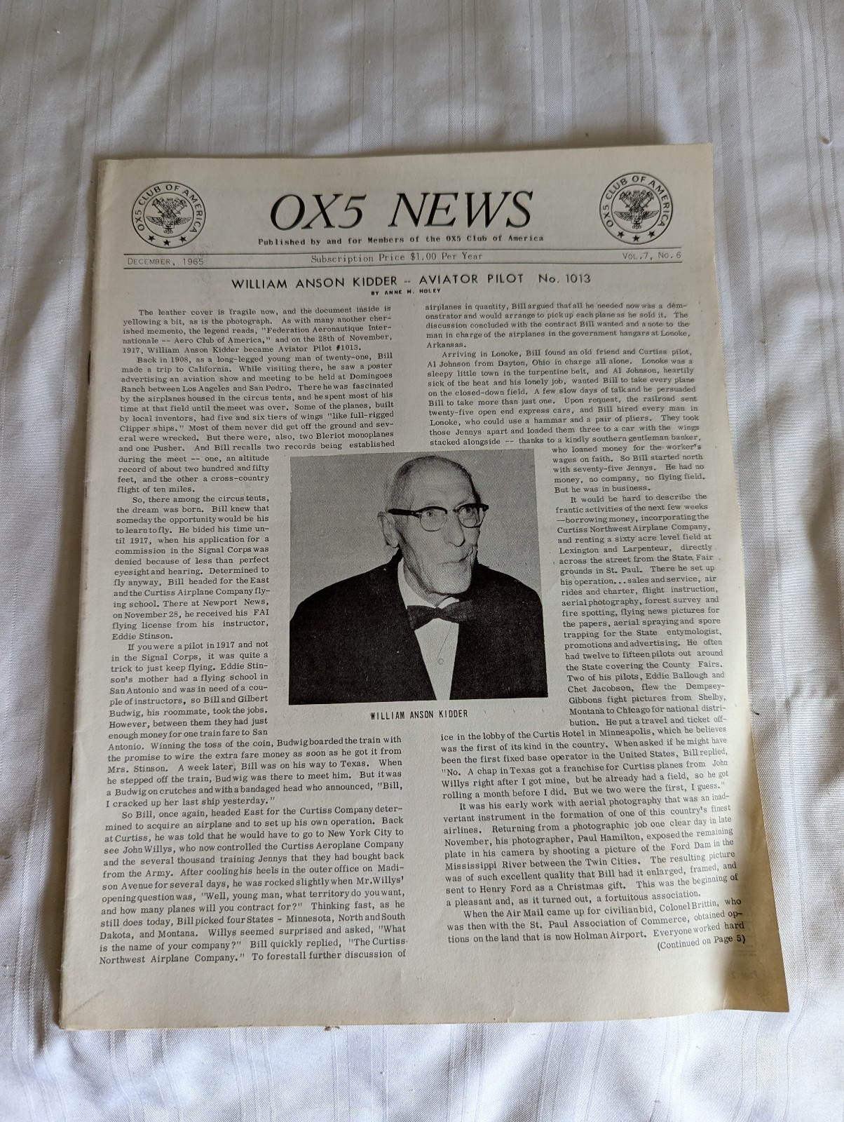 Aviation's Pioneers OX5 News December 1965 newsletter Vol 7 No 6