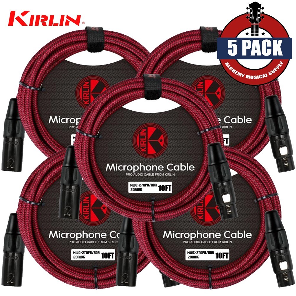 5-PACK Kirlin 10FT Woven 20AWG XLR M to XLR F Mic Cable Red MWC-270PB-10/RDA