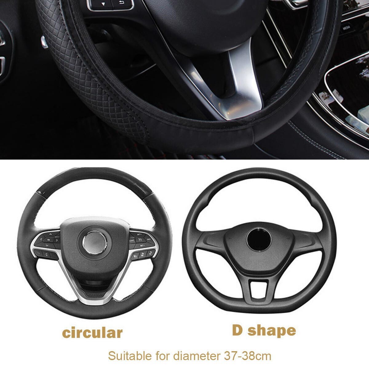 Car Leather Steering Wheel Cover Good Grip Car Accessories For 15"/37-38CM Black
