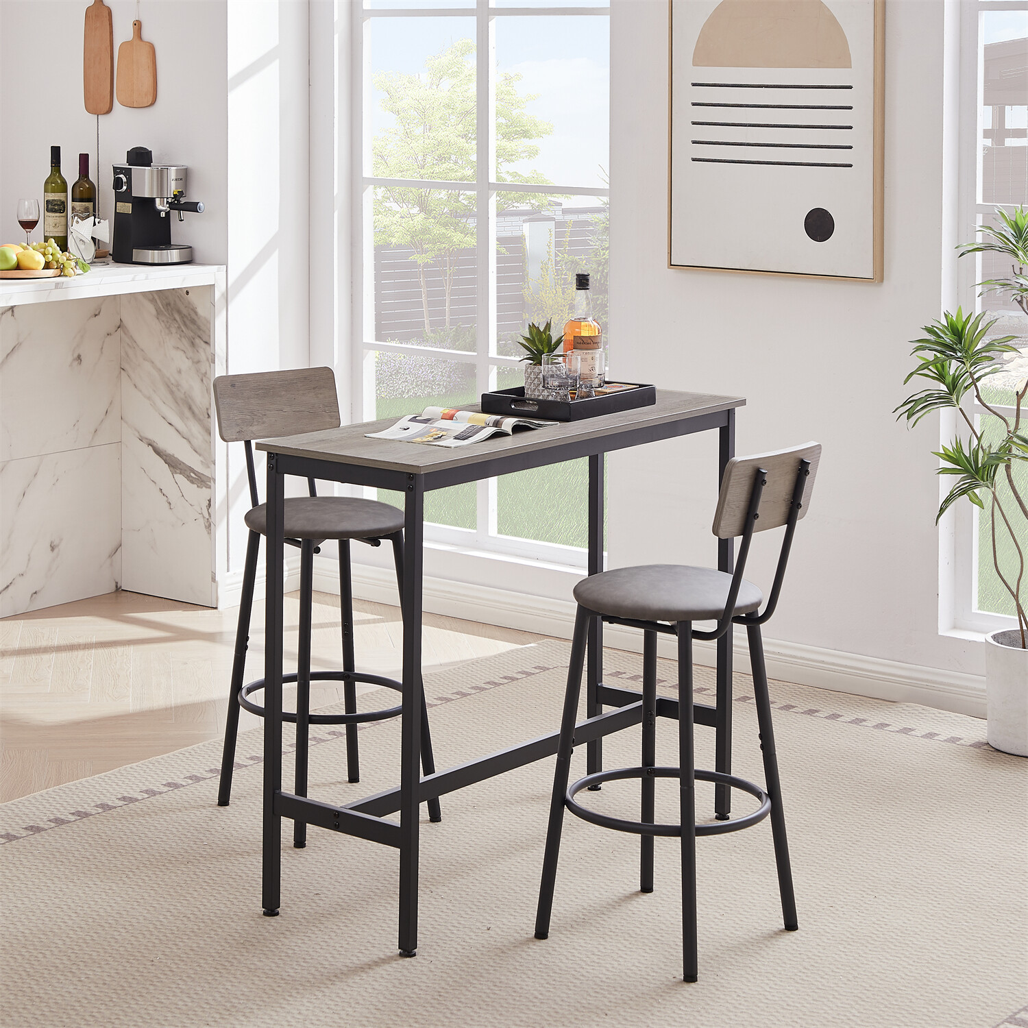 3 Piece Bar Table Set Counter Height Kitchen Pub Table with 2 Bar Stools Grey US