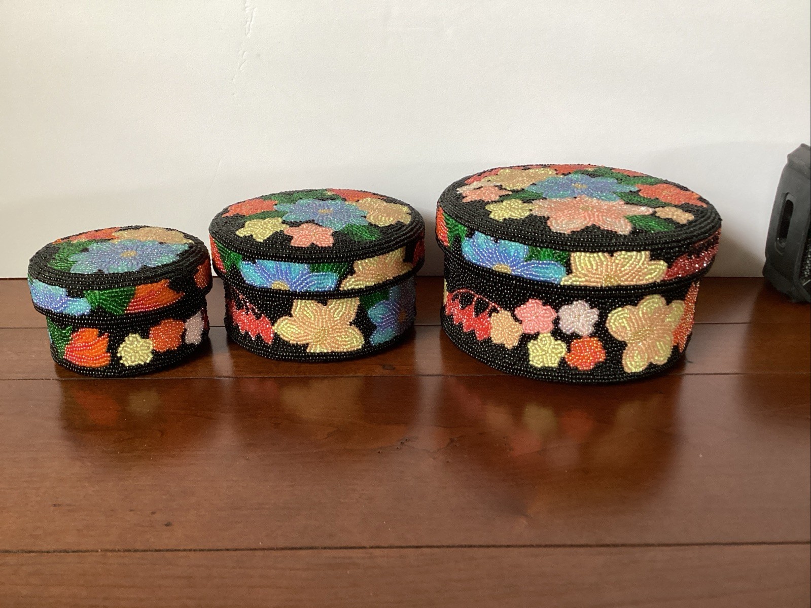 3 Hand Crafted Floral Beaded Boxes Featuring Intricate Seed Bead Embroidery