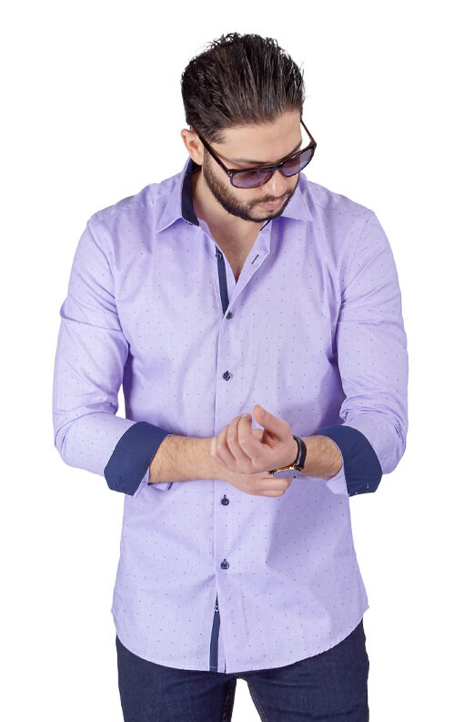 Lavender Slim Fit Men's Dress Shirt Contrasting Trim Details Bow Tie Print Azar