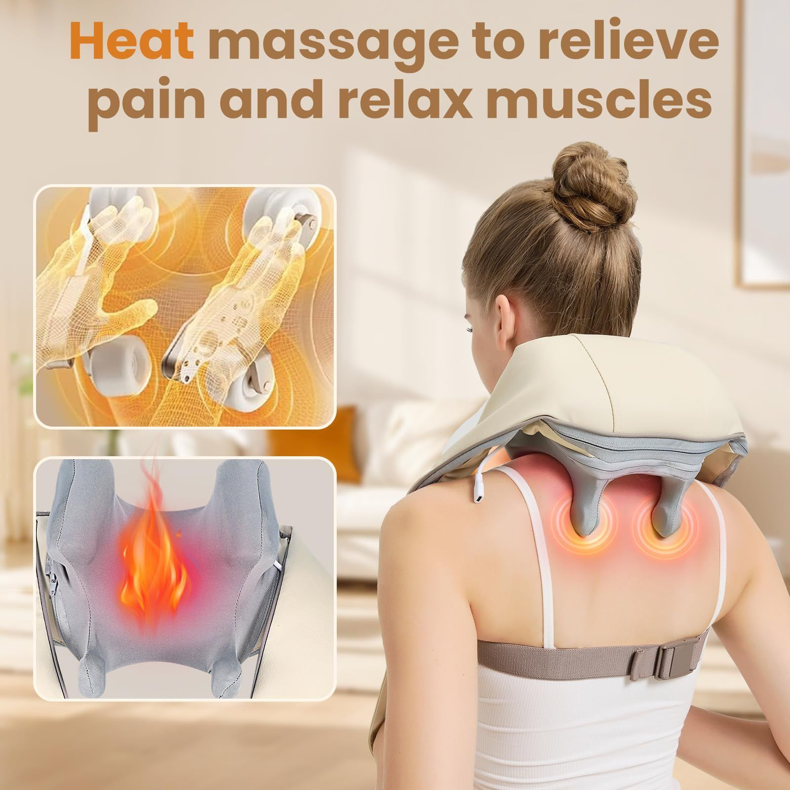 Mgfdget Wireless 4D Shiatsu Neck Massager with Heating Function, Off White