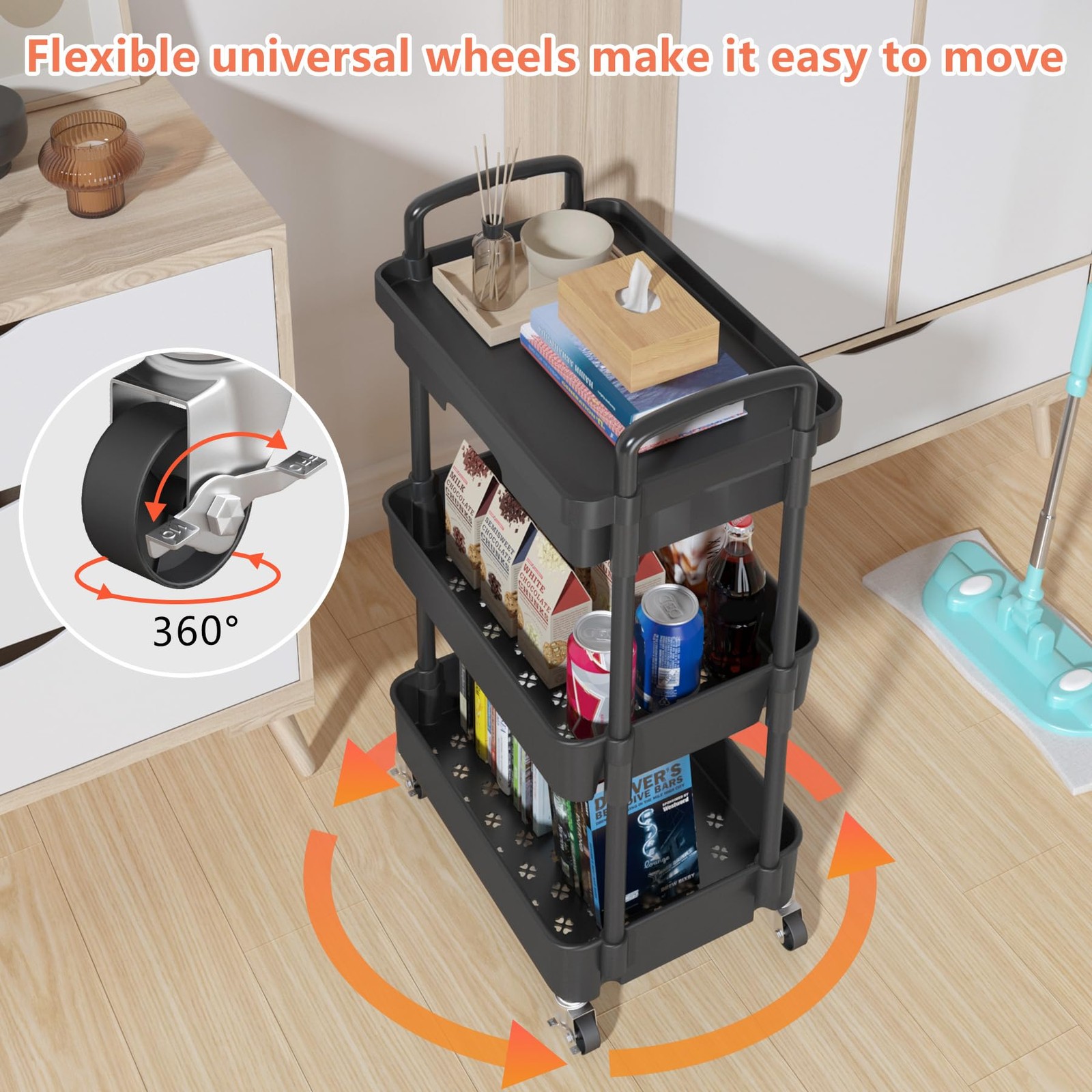 3-Tier Rolling Utility Cart with Drawer,Multifunctional Storage Organizer wit...