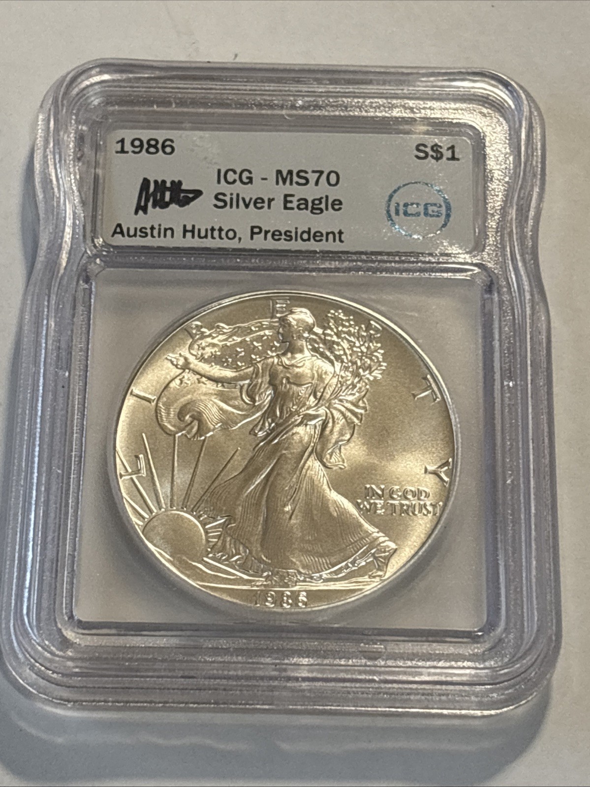 1986  American Silver Eagle, ICG MS 70, Austin Hutto Signed