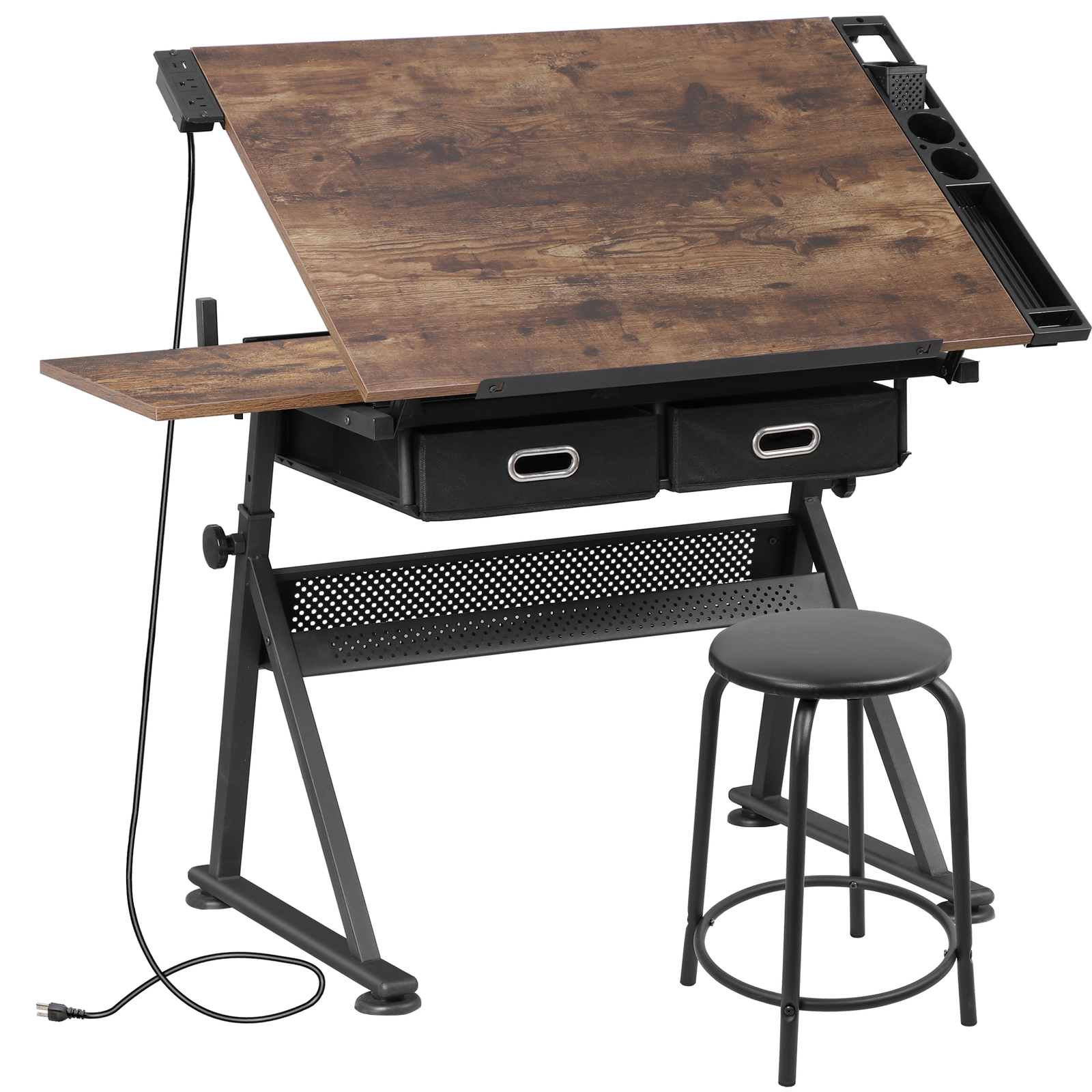 Drafting Table Artist Desk Drawing Table Adjustable Tabletop with Outlet Retro