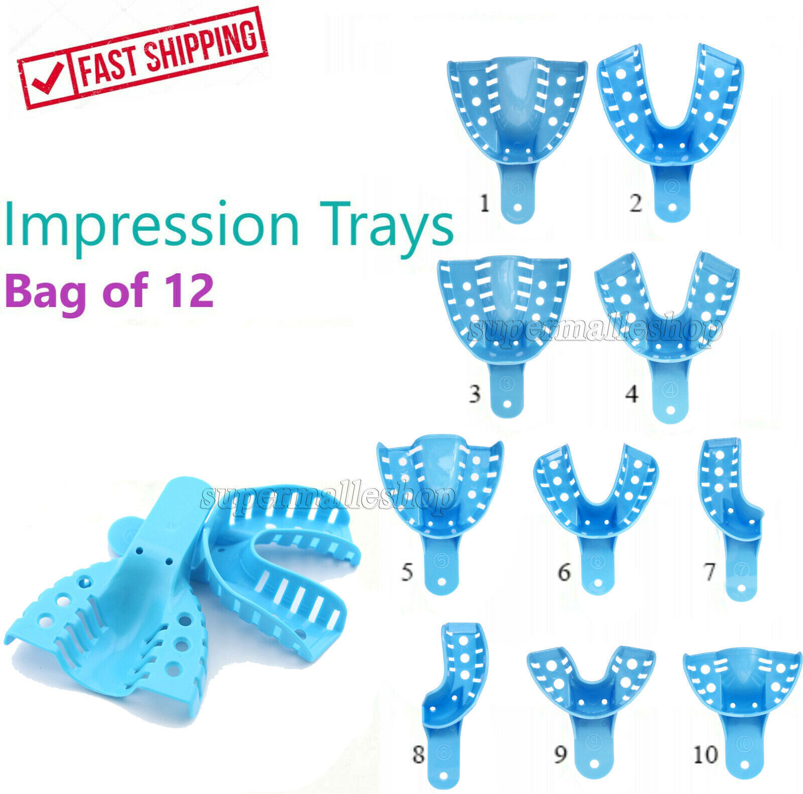 12 Trays/bag Dental Impression Trays Perforated ABS Autoclave (CHOOSE SIZE)