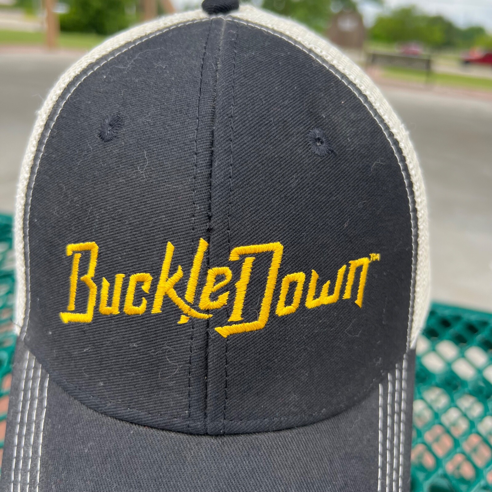 Buckle Down in Gold Script on Black Trucker Hat Cap w White Snapback Brewery EUC