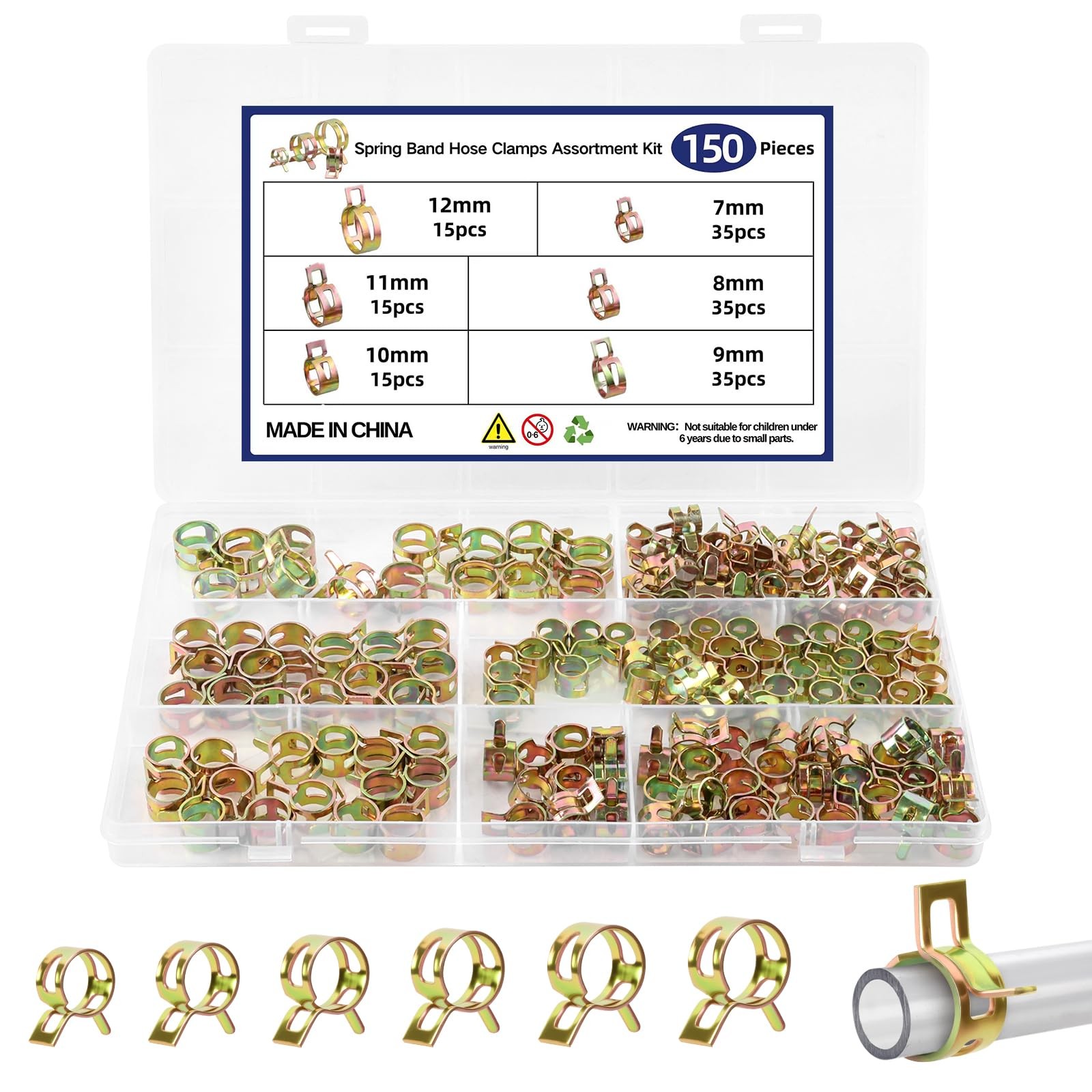 150Pcs Spring Band Hose Clamps Assortment Kit, Fuel Line Hose Clamps, Low Pre...
