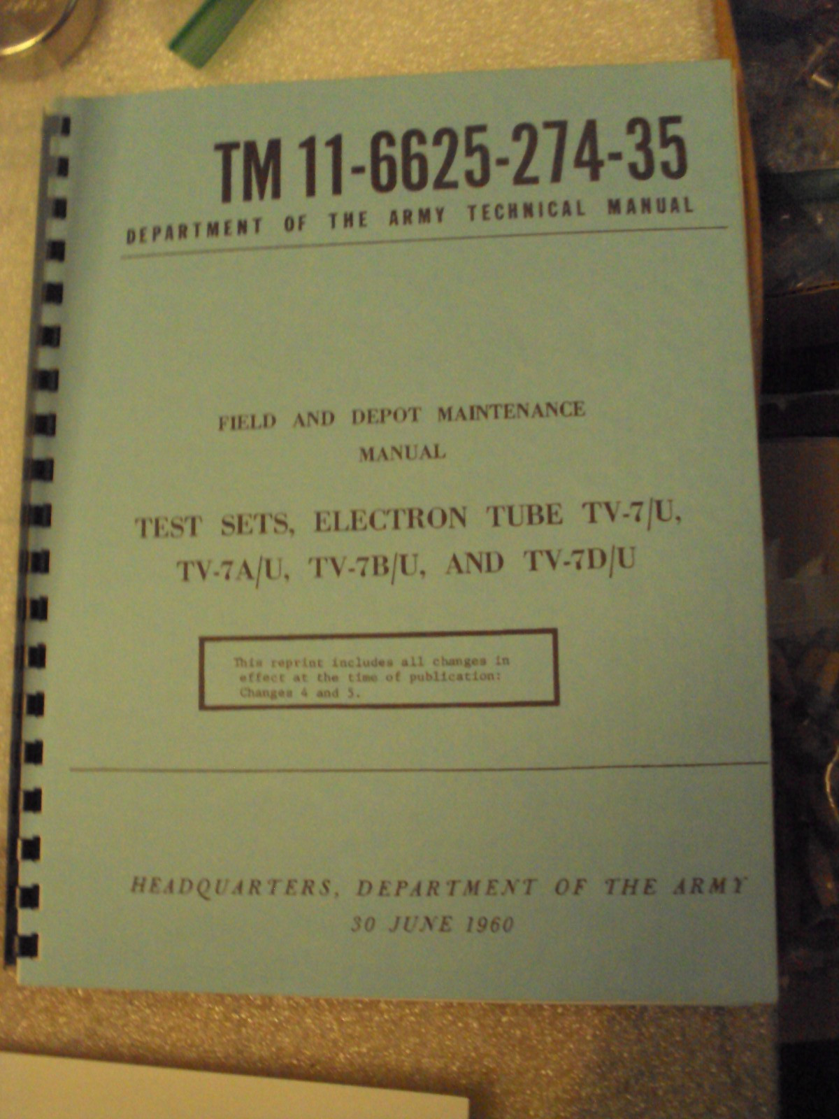 test Set Electron Tube TV-7/U, A/U, B/U &D/U;Field & Depot Maint Manual TM 11-66