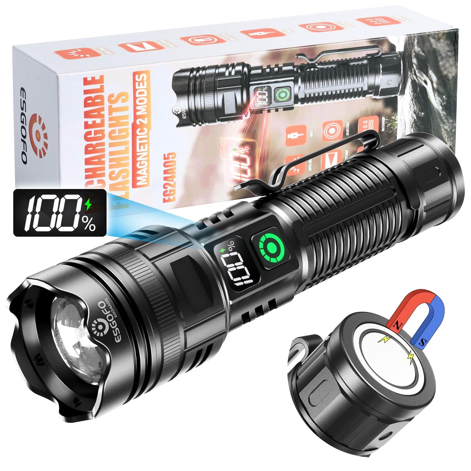 Esgofo Rechargeable Flashlights High Lumens 100000 2 Modes High/Low Super