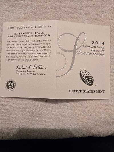 2014 American Eagle One Ounce Silver Proof Coin w/OGP & COA
