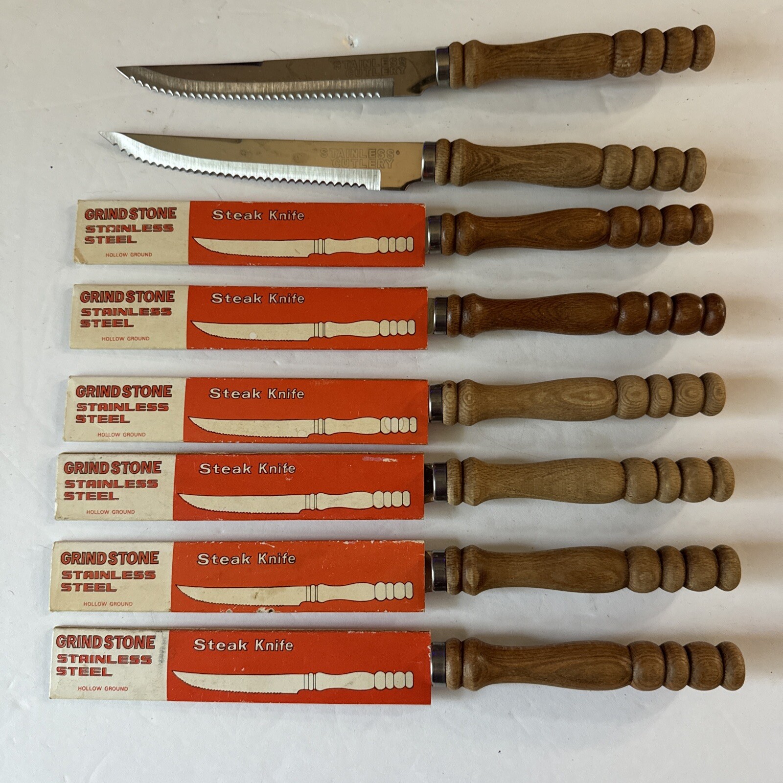 Cutlery Knives Grindstone Stainless Steel Hollow Ground Round Handle Set Of 8