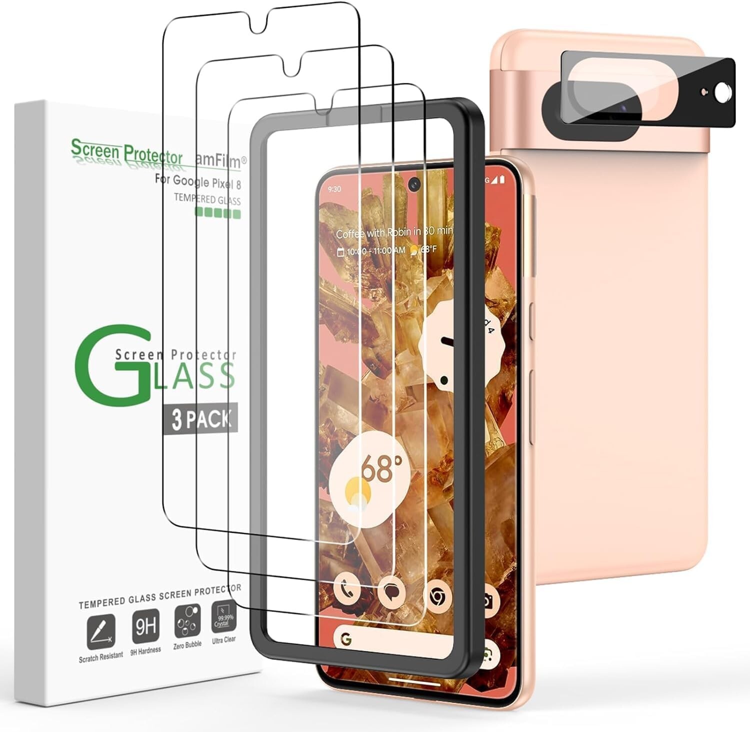 amFilm 3+1 Pack for Google Pixel 8 Screen Protector Tempered Glass