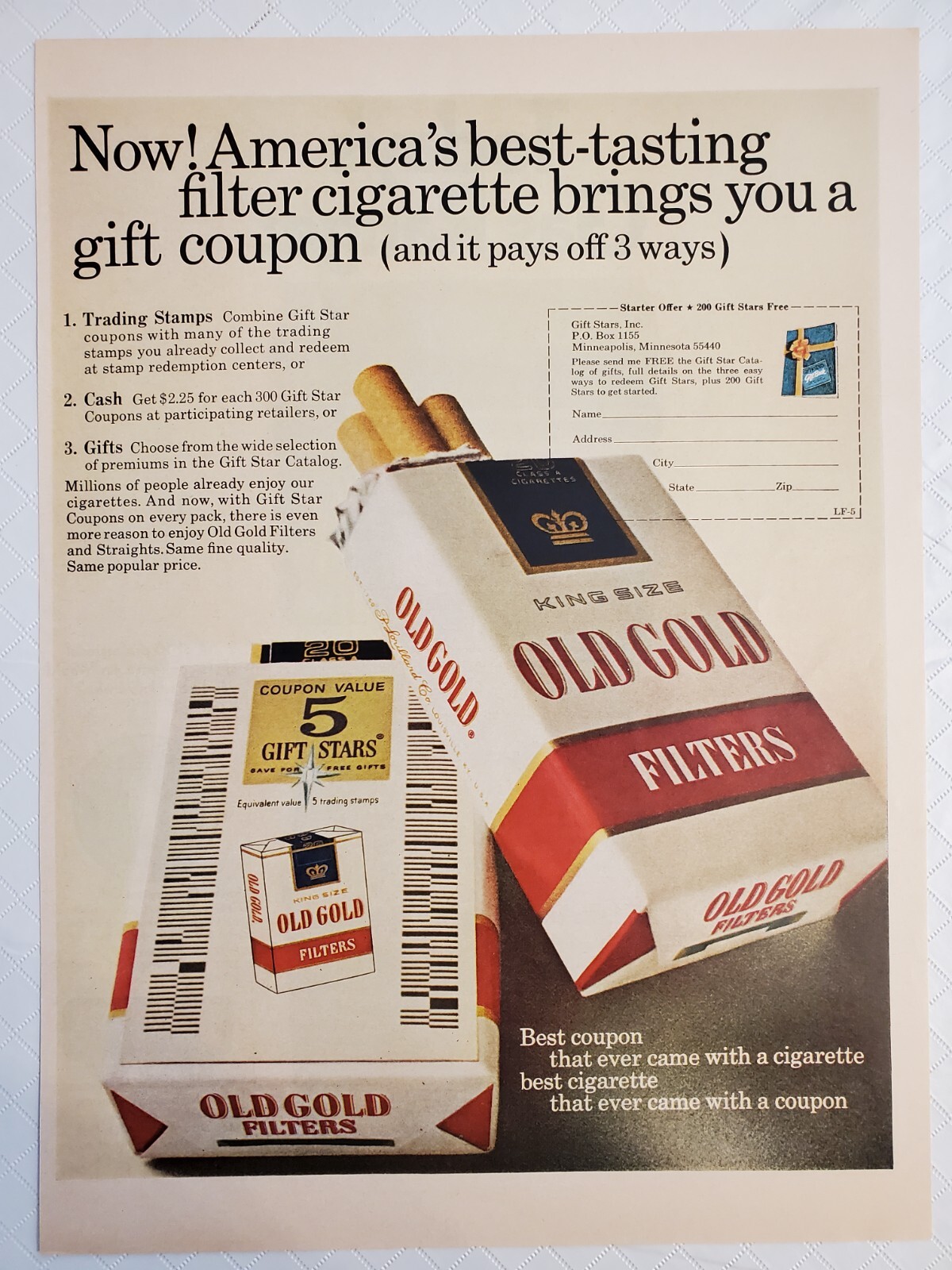 Vintage OLD GOLD Cigarettes print ad from a 1967 LIFE magazine King Size