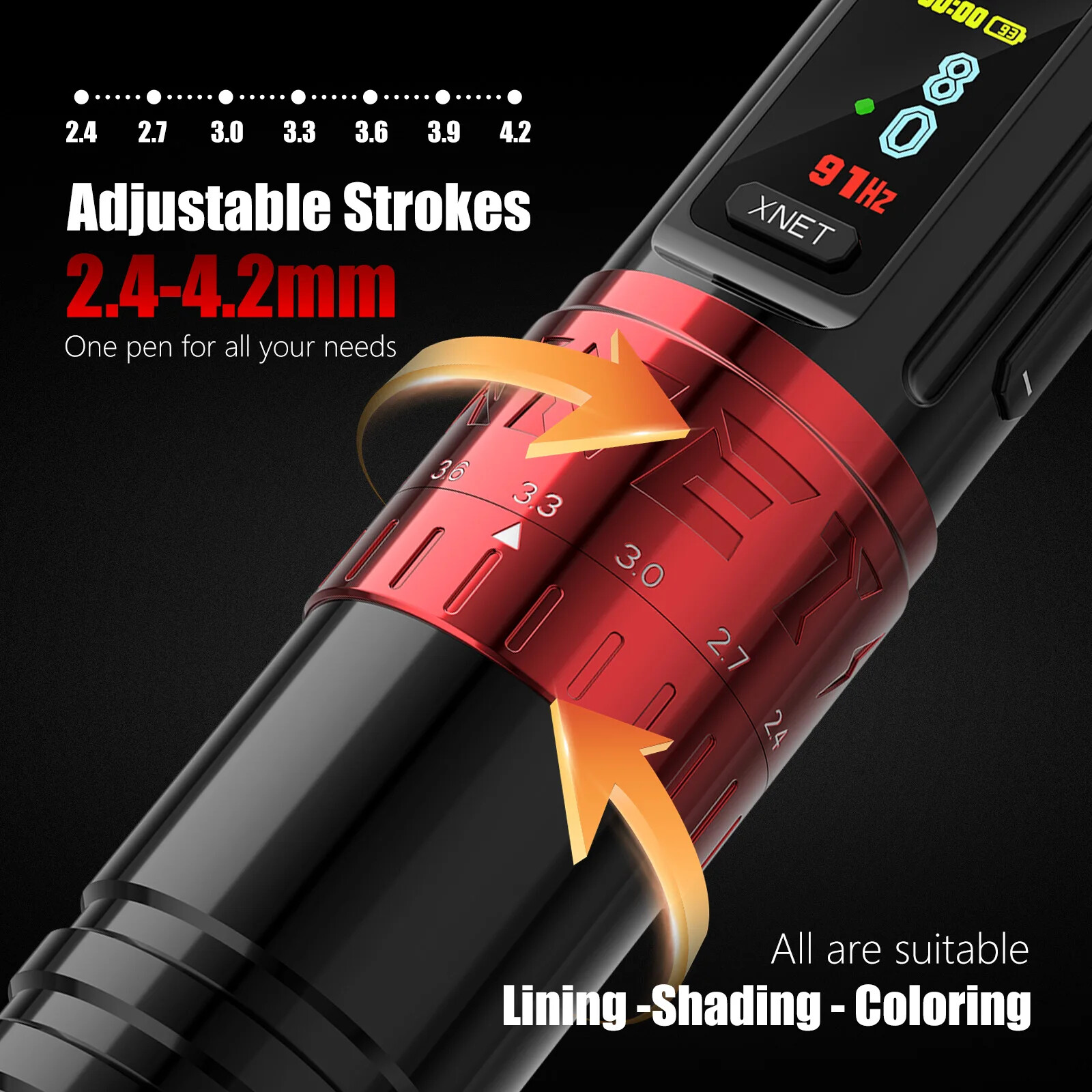 Wireless Tattoo Machine Pen Kit Adjustable Stroke 2.4-4.2mm OLED Display 40pcs
