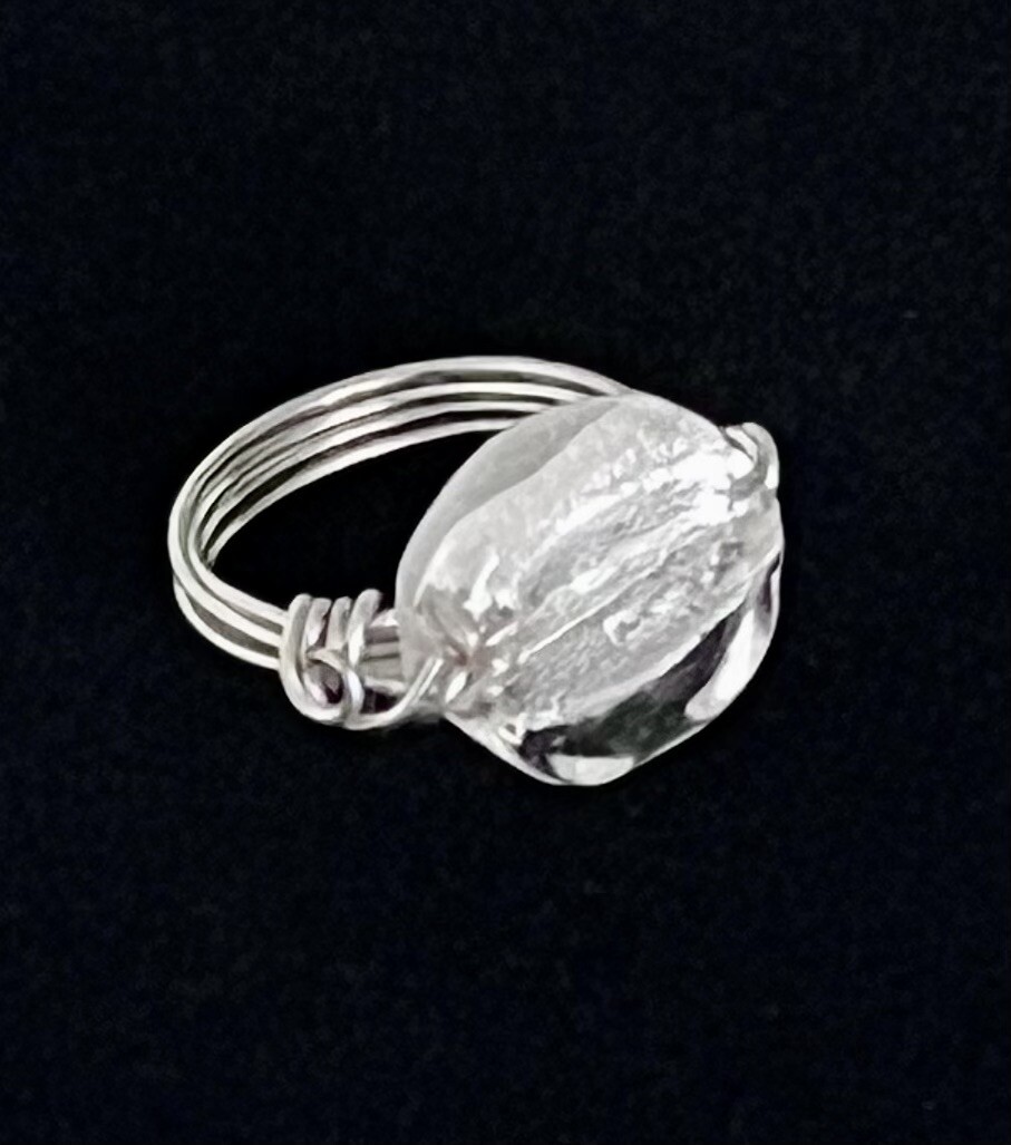 Unique Shimmery White Glitter Pearl-look Glass Handmade Wire Wrapped Bead Ring