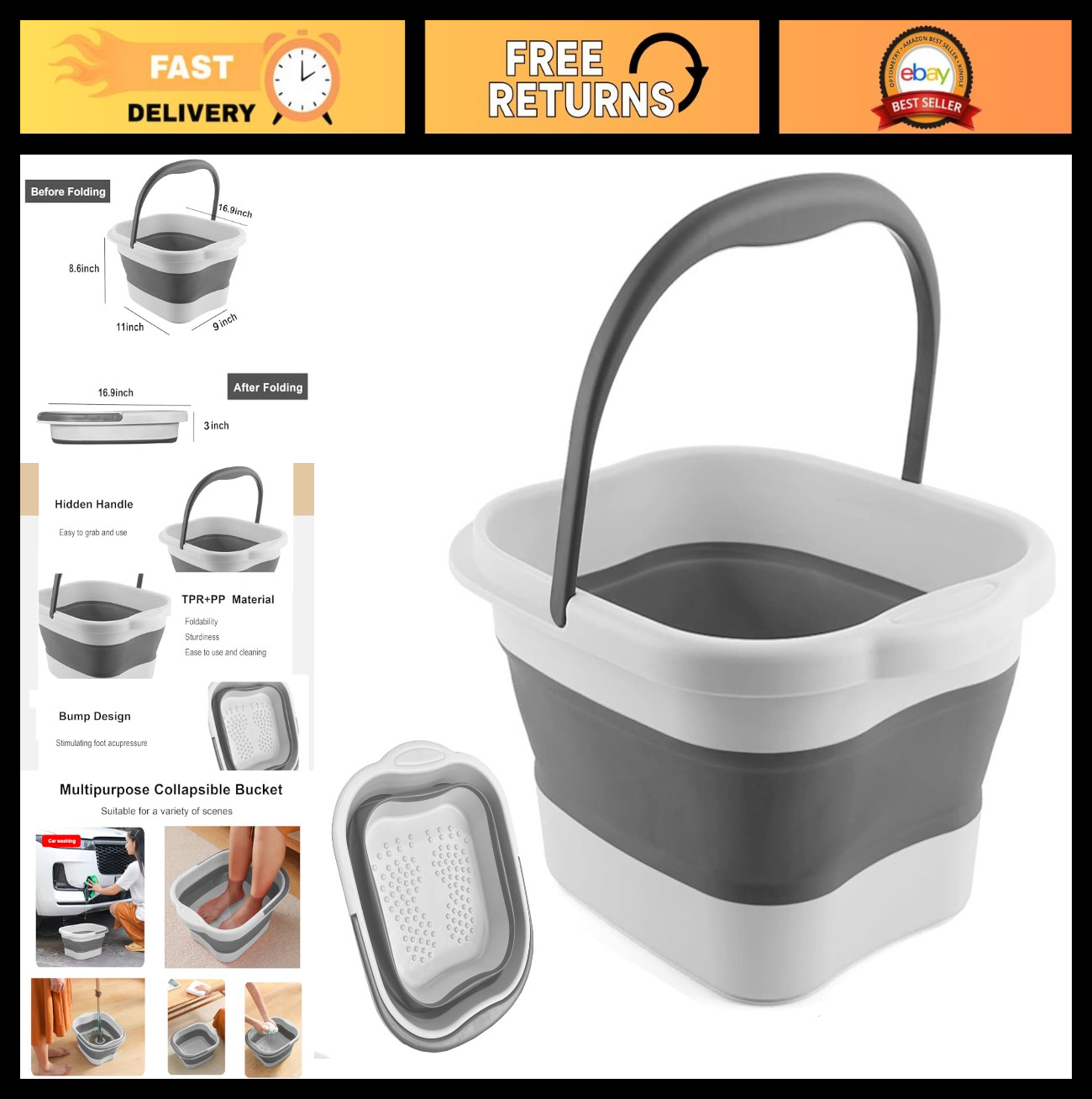 Collapsible Foot Soak Tub 15L with Handle - Bath Massager for Cracked Feet, Grey