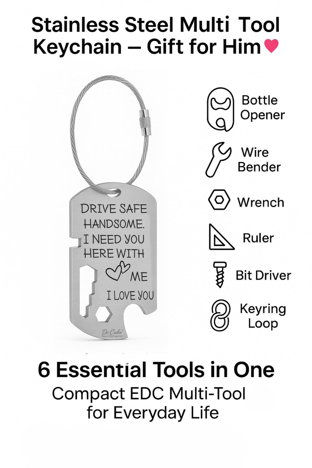 De Cube Drive Safe Handsome Keychain Multi Tool | 6-in-1 Stainless Silver